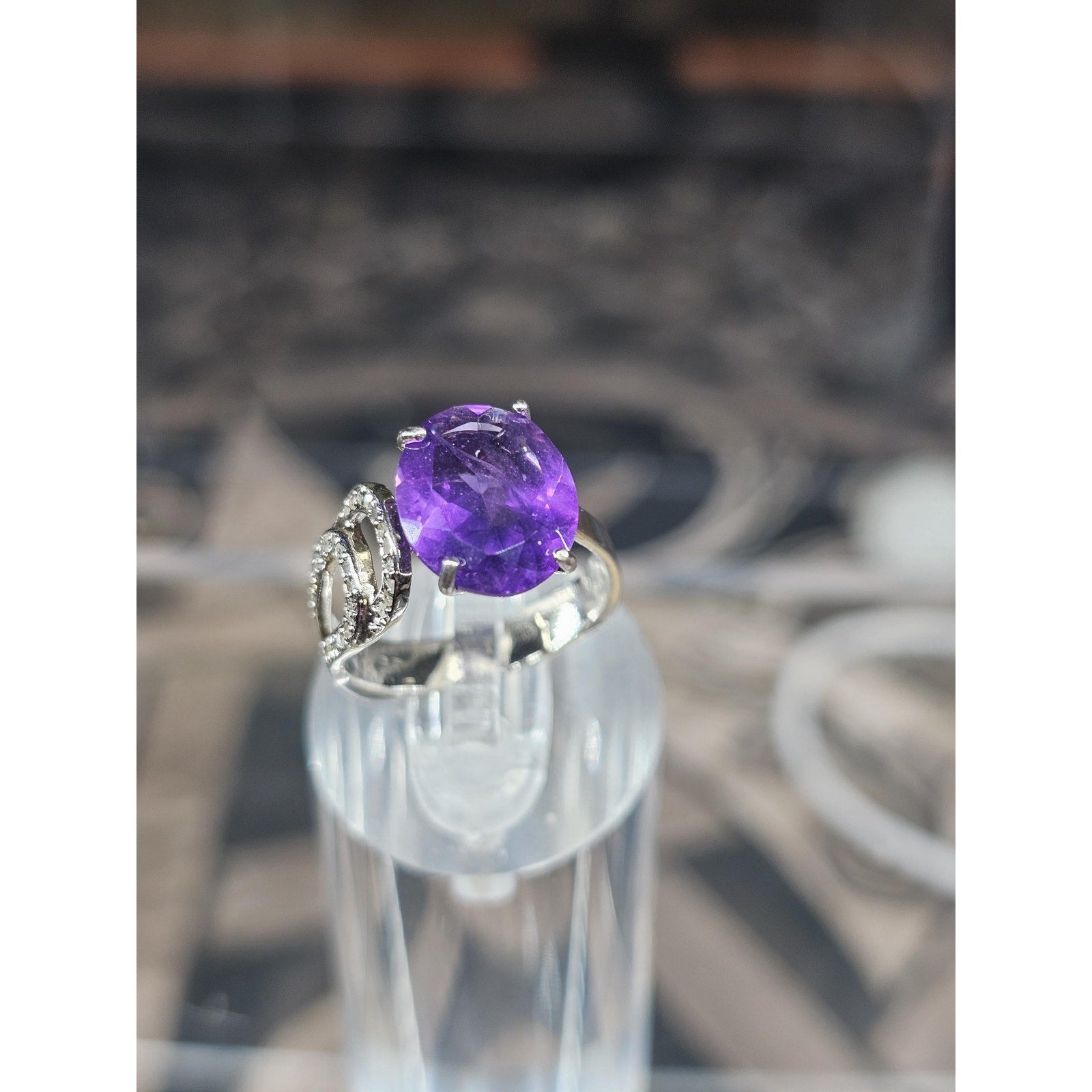 Womens 14K White Gold Platinum Finish Size 6 Ring Amethyst & Diamonds by Diablo