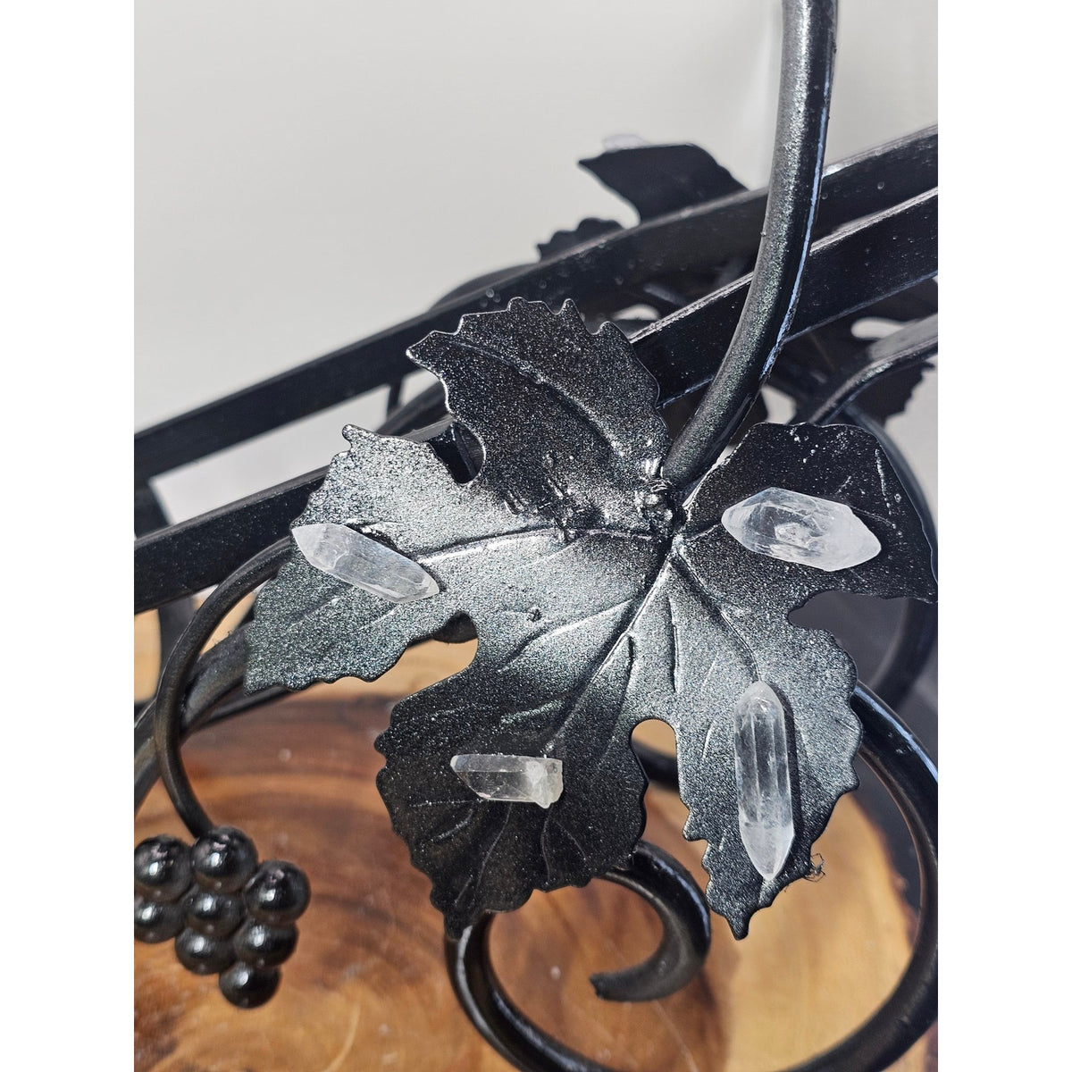 Handmade Cast Iron Wire Wine Rack — Vintage Grapevine with Quartz Crystals