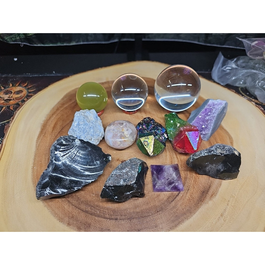 Mix Crystal Lot 2 Glass Sphere, Selenite, Obsidian, Amethyst, Agate,titanium by CrystalCloud Company