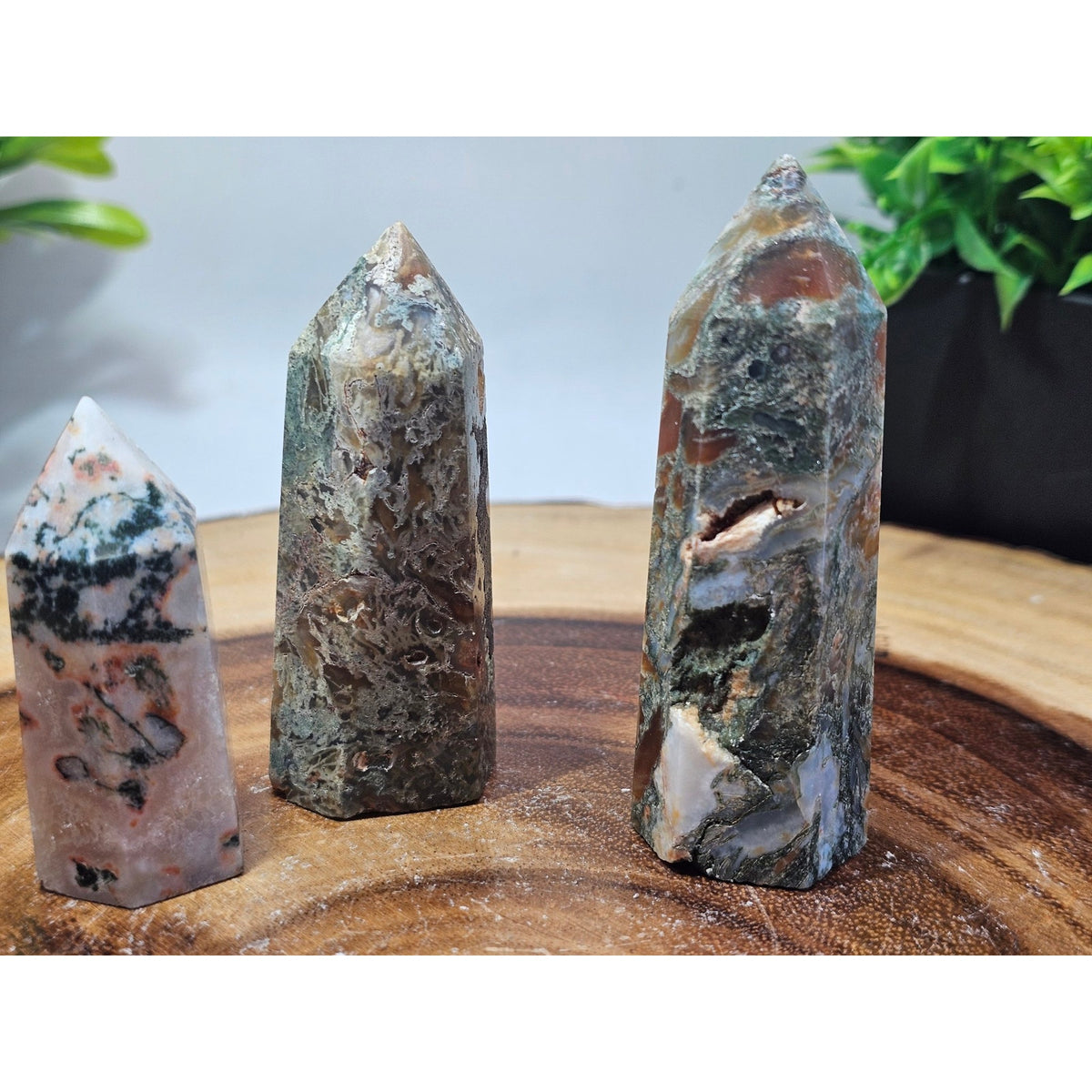 Set of 3 Moss Agate Towers