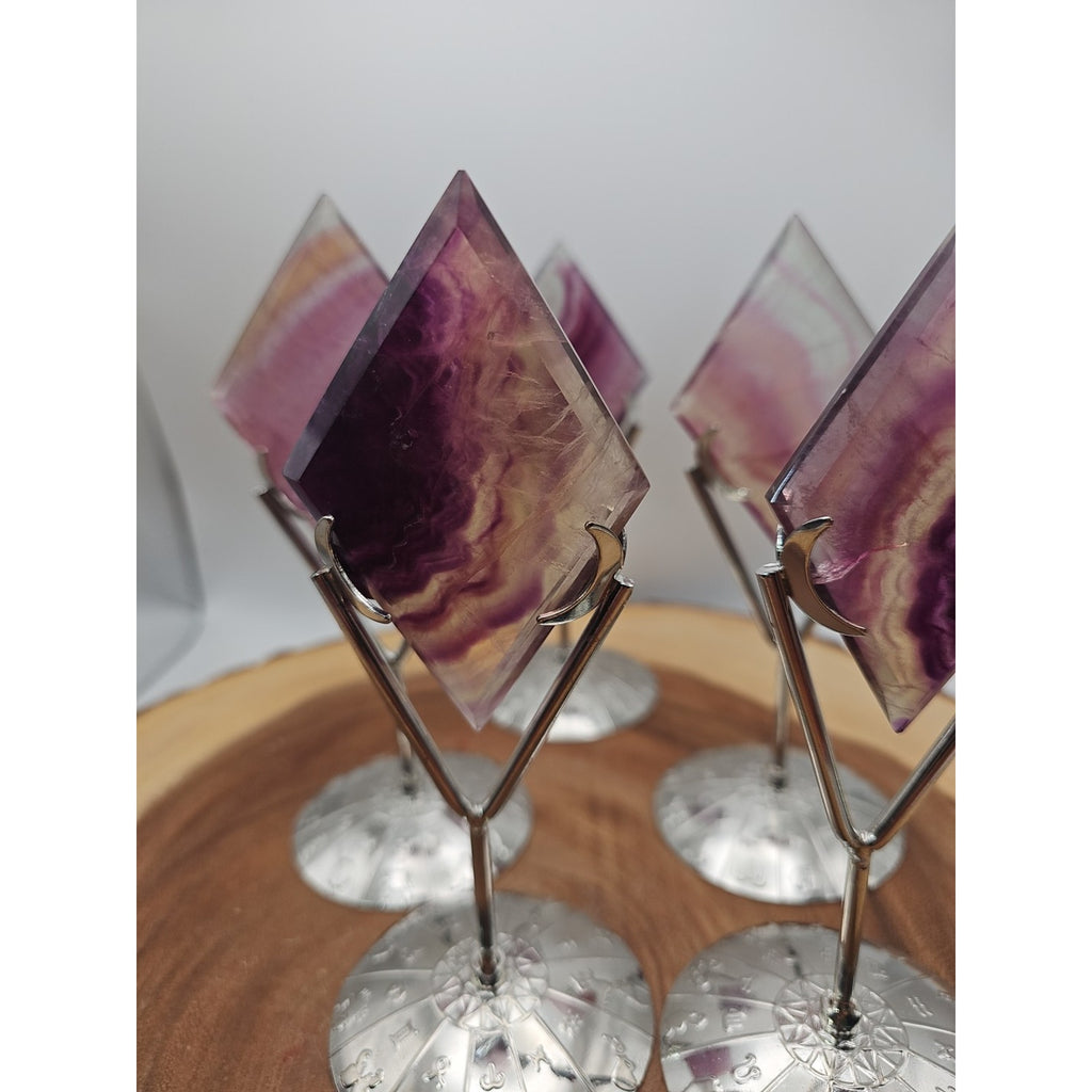 1 Each Natural Rainbow Fluorite Diamond W/ Zodiac stand by CrystalCloud Company