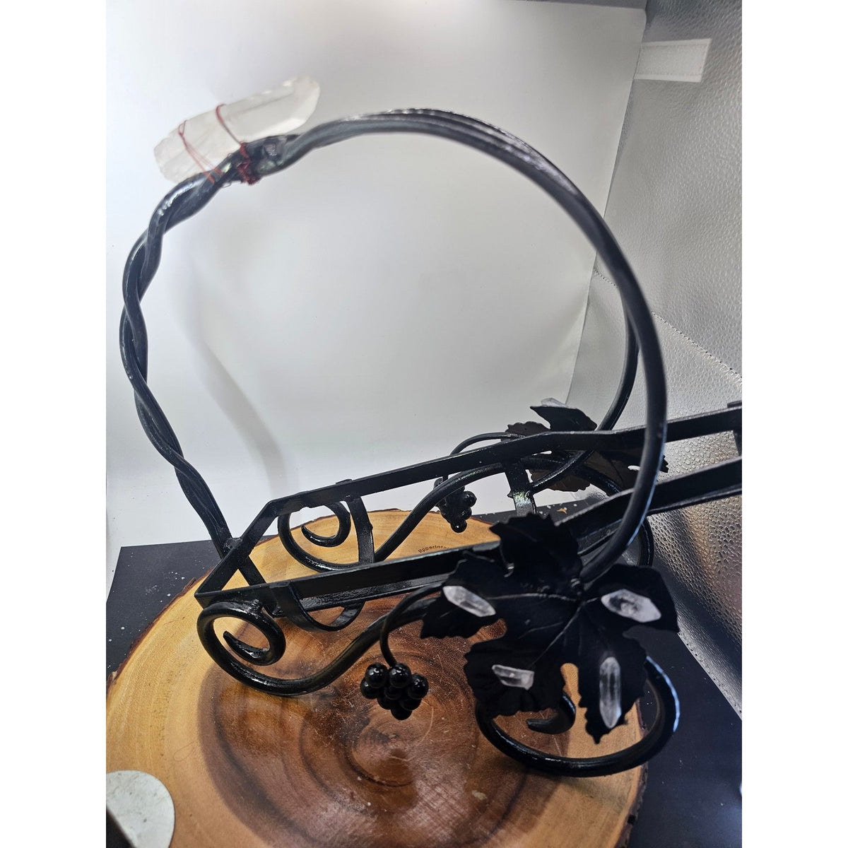 Handmade Cast Iron Wire Wine Rack — Vintage Grapevine with Quartz Crystals