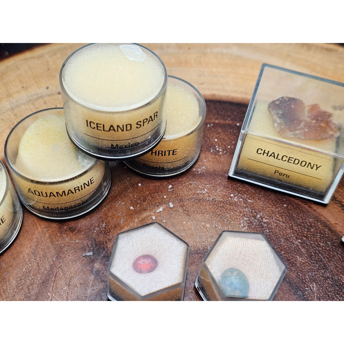 Mineral Specimen Collection in Labeled Collector Jars — 8 Pieces