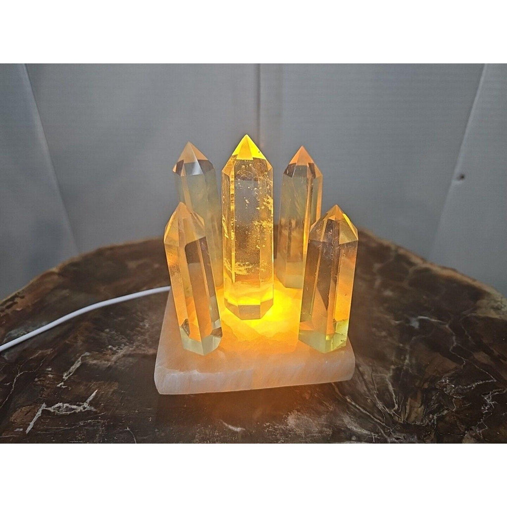 Yellow Smelt Quartz Crystal Points with Selenite Charging Base & LED Display — 5-Piece Set | CrystalCloud Company by CrystalCloud Company