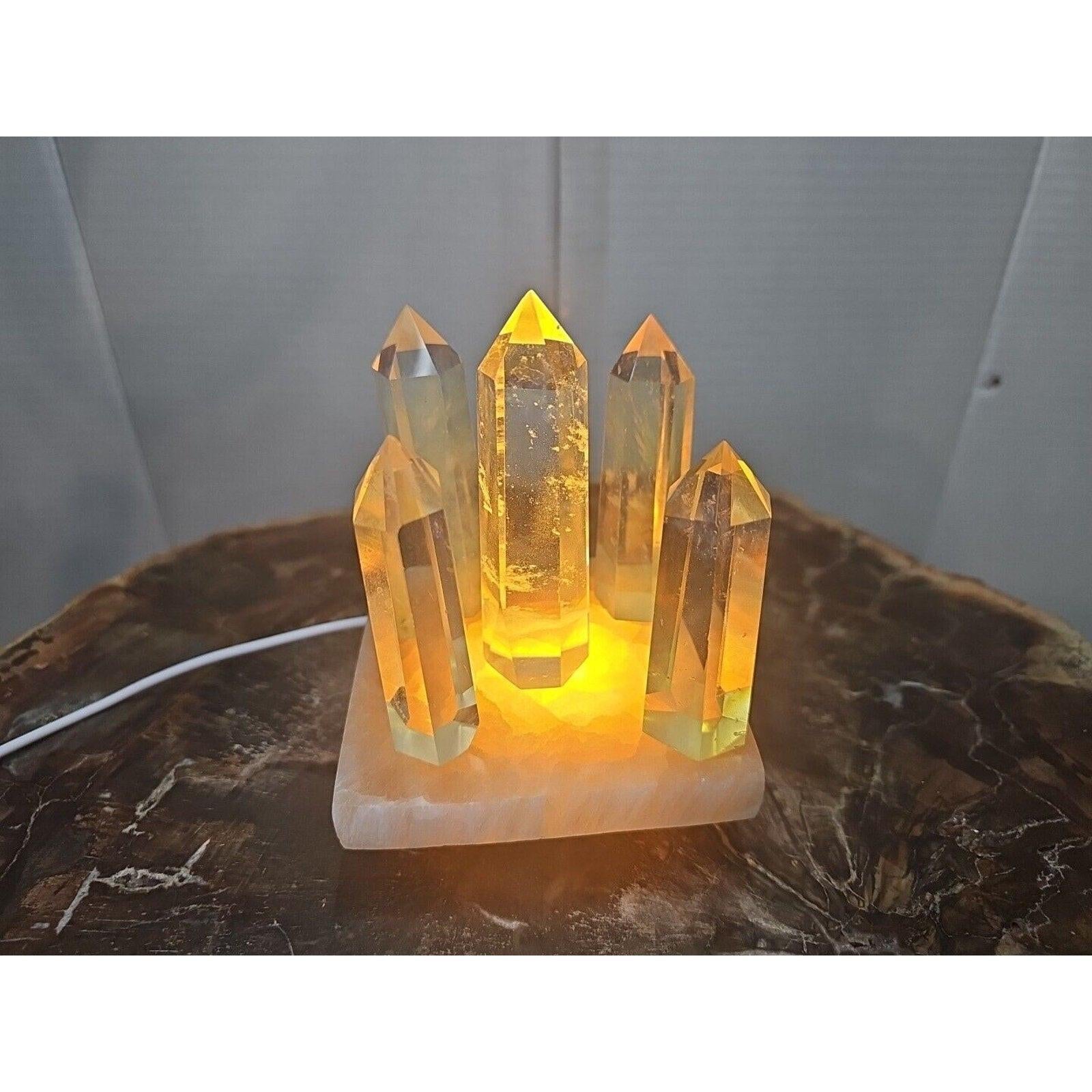 Yellow Smelt Quartz Crystal Points with Selenite Charging Base & LED Display — 5-Piece Set | CrystalCloud Company by CrystalCloud Company