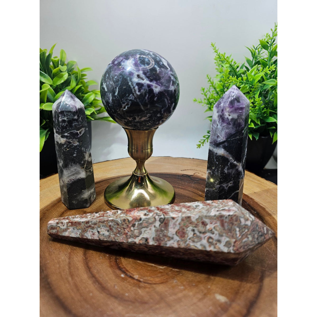 Fluorite Sphere and Towers with Leopard Jasper Scepter Crystal Set 2lbs
