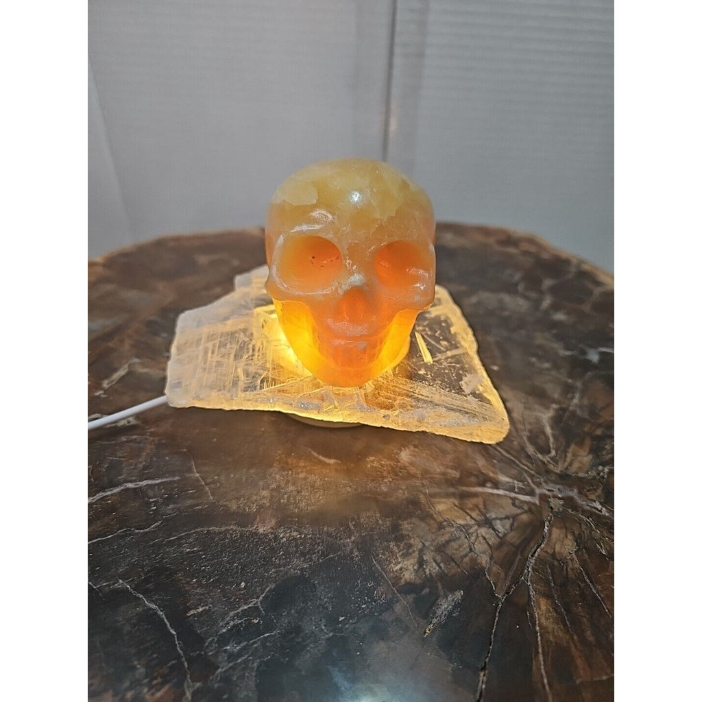 1.62LB Natural Yellow Translucent Calcite Crystal Skull W/Selenite Base & Led by CrystalCloud Company