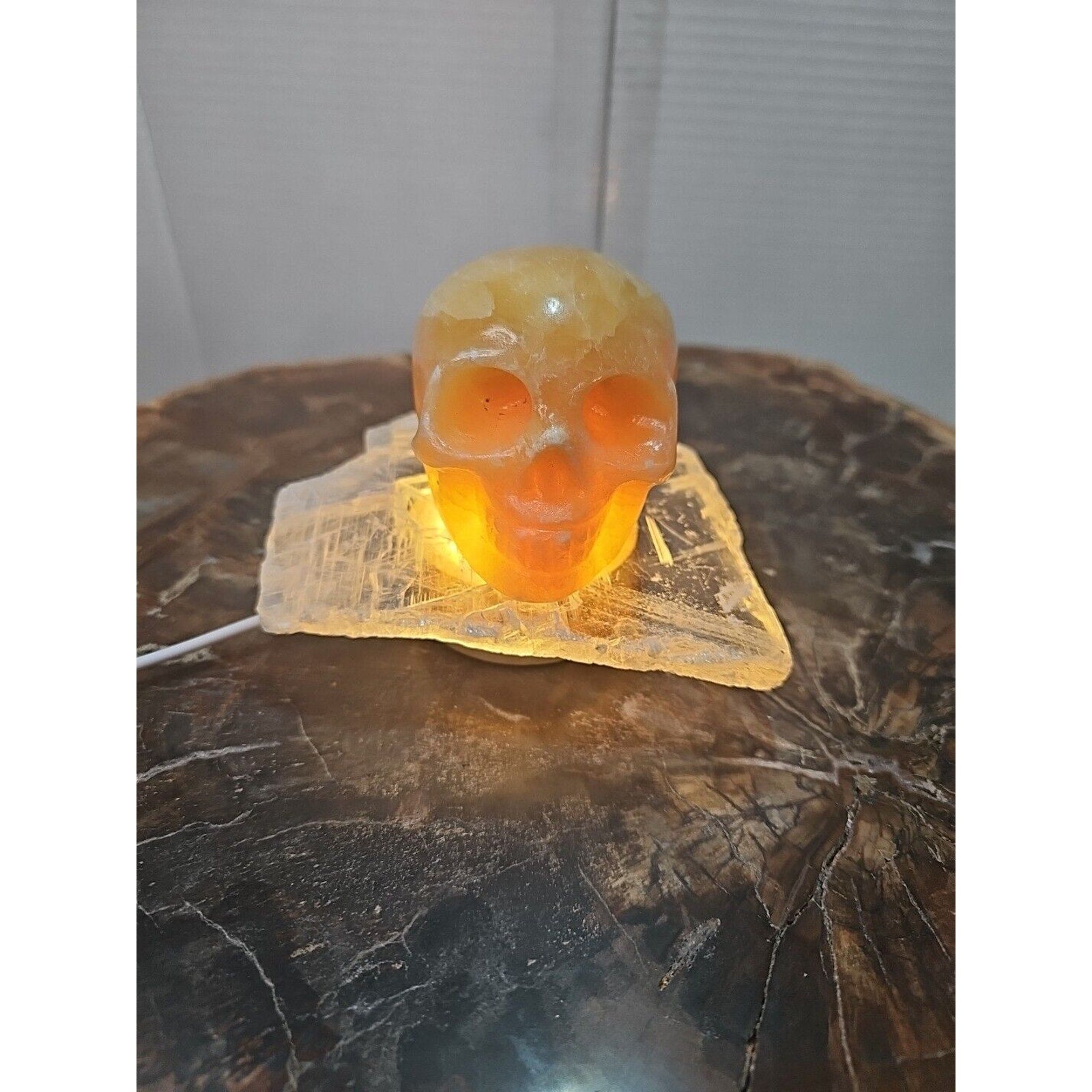 1.62LB Natural Yellow Translucent Calcite Crystal Skull W/Selenite Base & Led by CrystalCloud Company