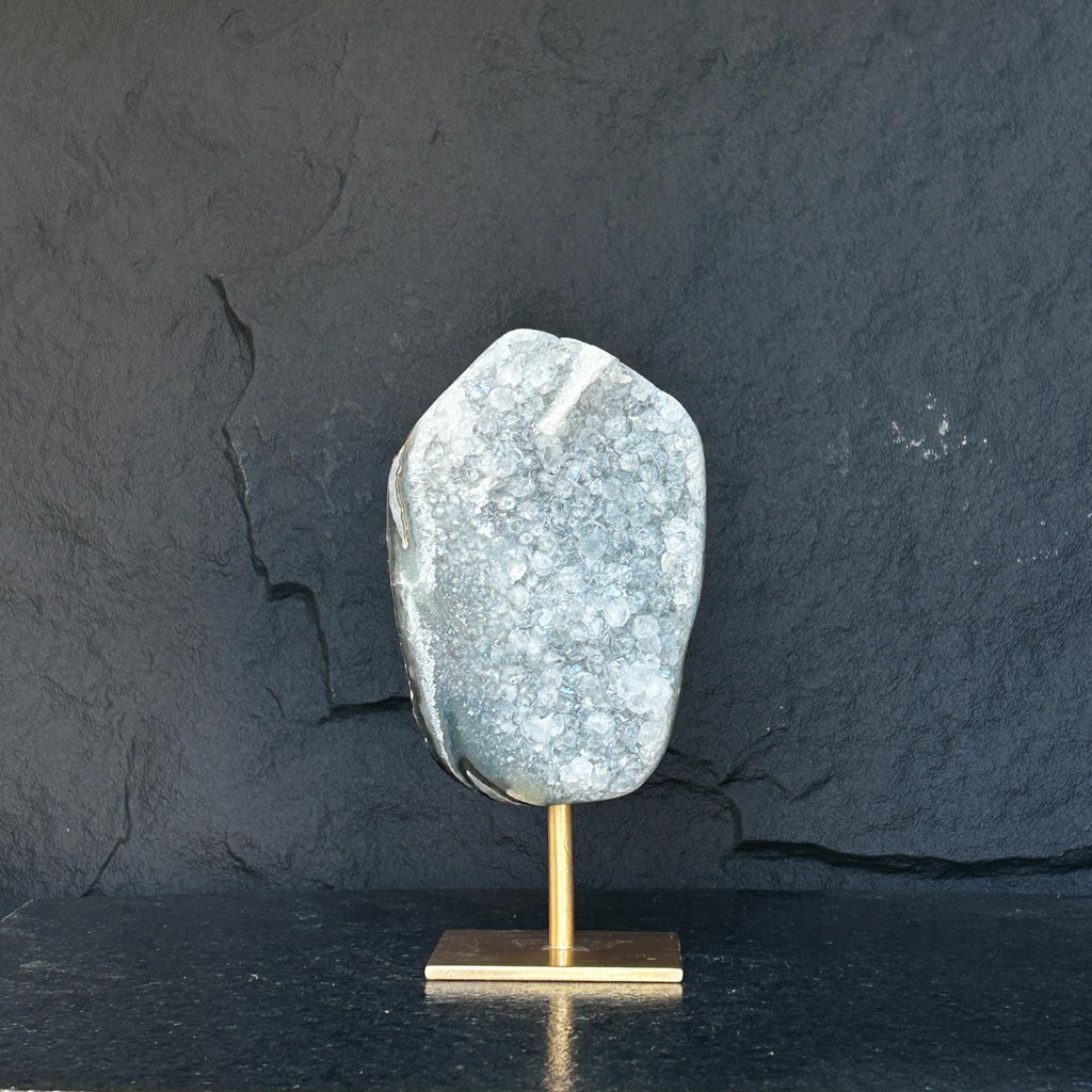 10 Inch White Quartz Geode Cave On Metallic Base