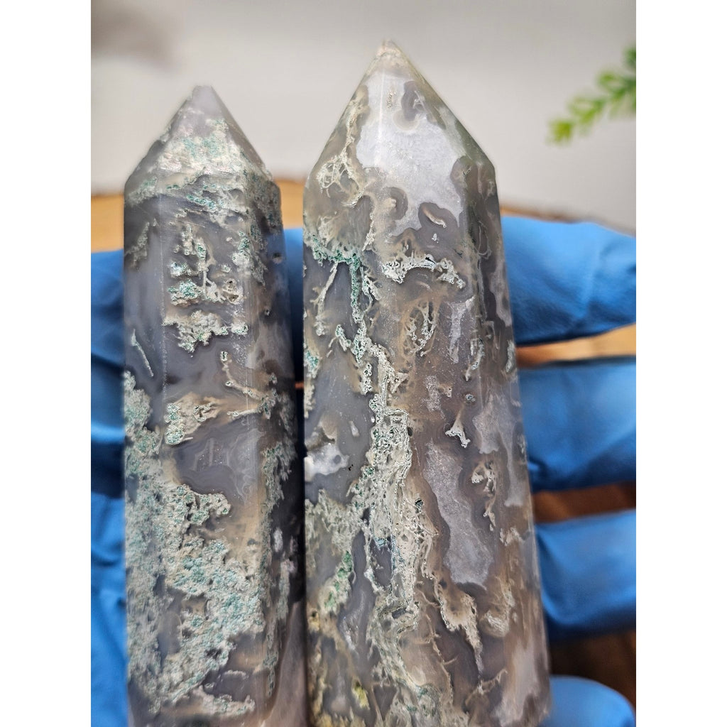 Pair of Moss Agate Towers — Blue Gray with Green & White Inclusions