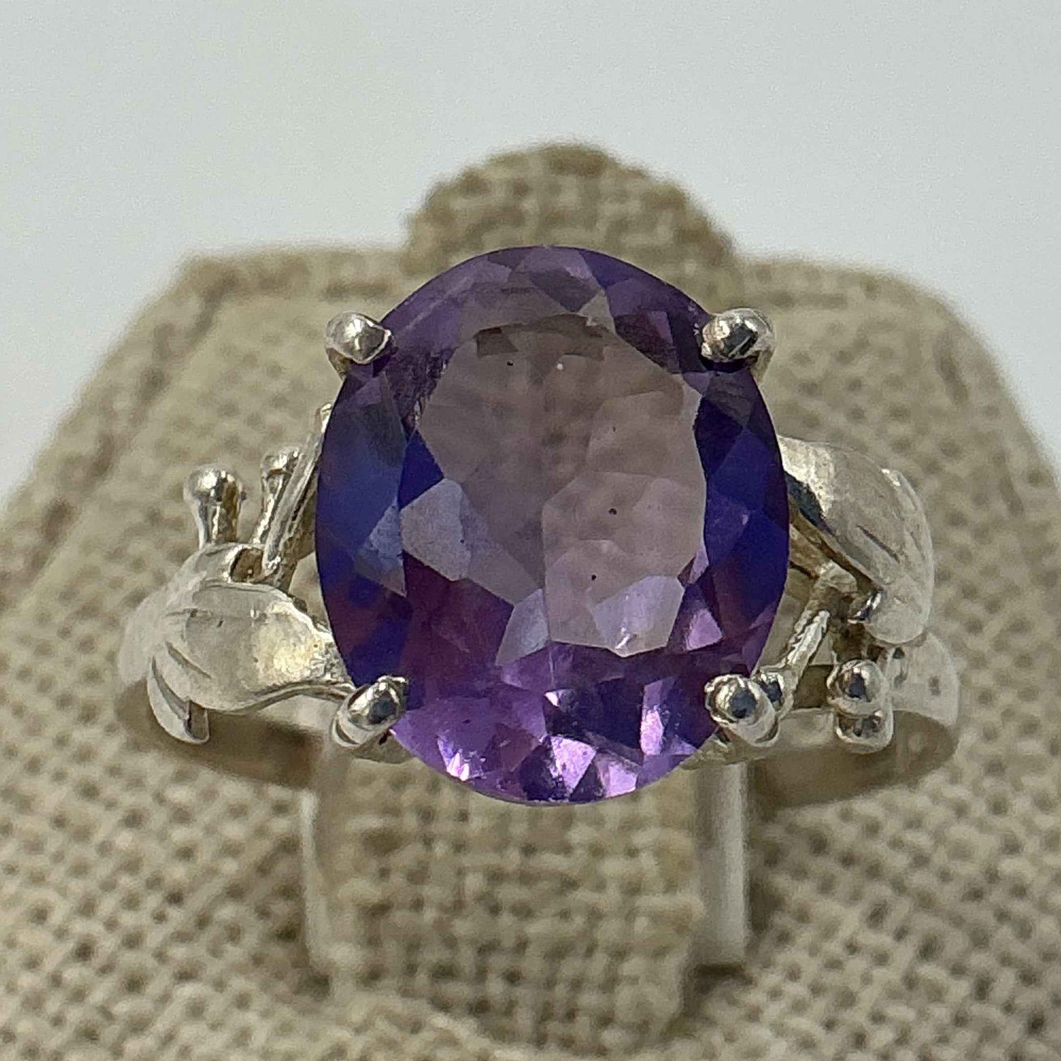 Sterling Silver Floral Banded Oval Amethyst Ring – Size 9 – Calm, Intuition & Spiritual Protection by Sacred Crystals