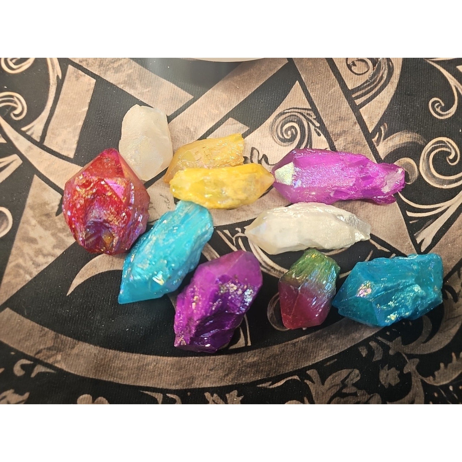1.29lbsAura Aqua Rainbow Quartz W/wooden Bowl by CrystalCloud Company