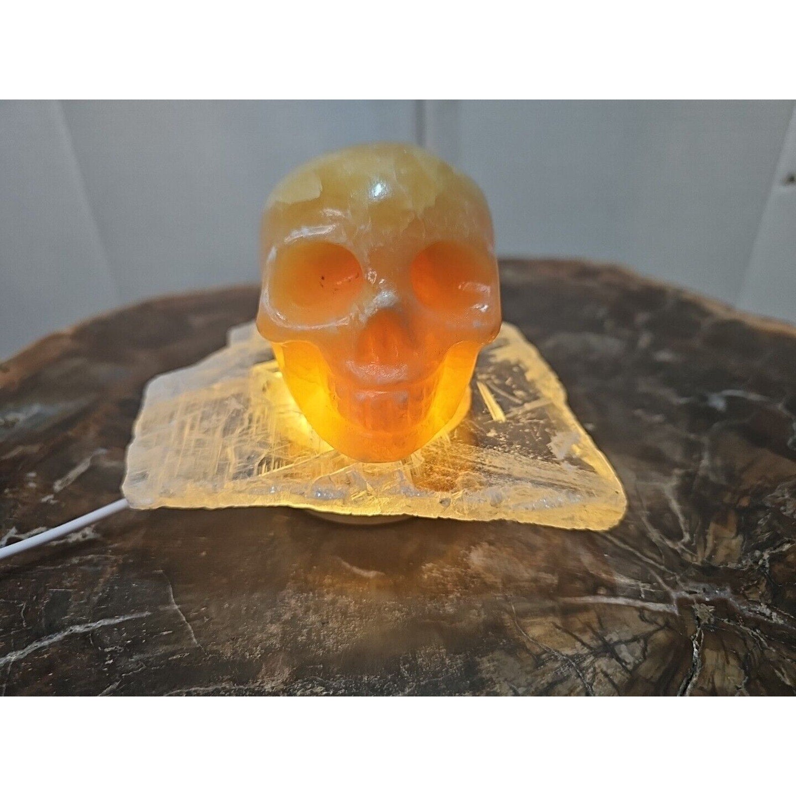 1.62LB Natural Yellow Translucent Calcite Crystal Skull W/Selenite Base & Led by CrystalCloud Company