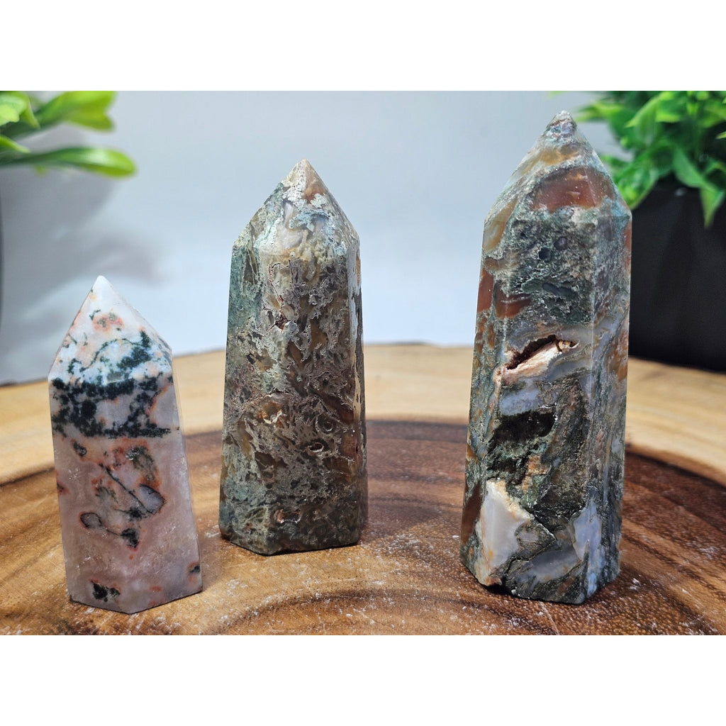 Set of 3 Moss Agate Towers