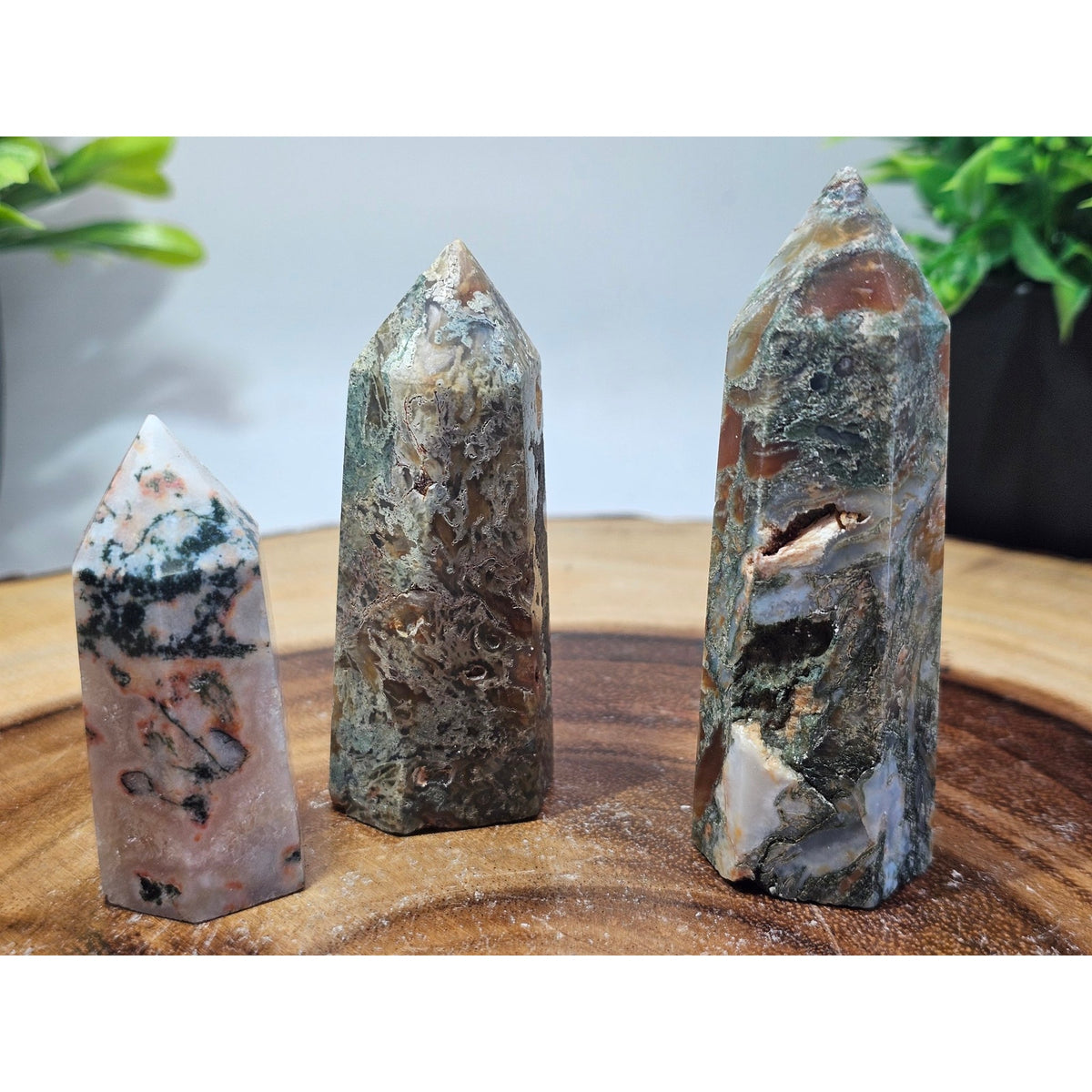 Set of 3 Moss Agate Towers