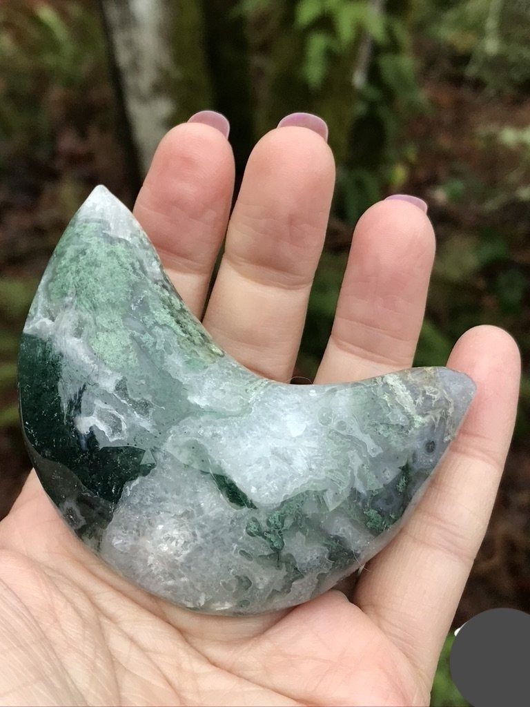 Moss Agate Puffy Moon Palm for Stable Manifesting, Large 3 inches approx