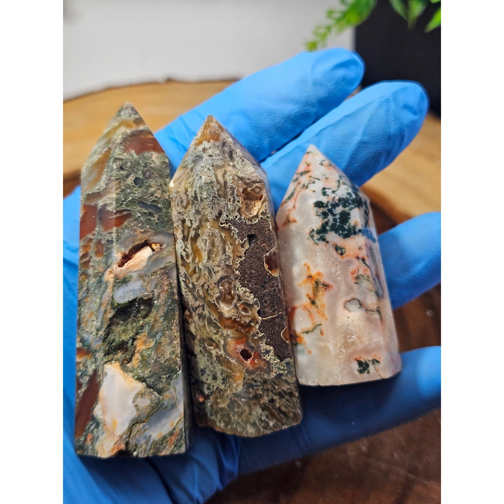 Set of 3 Moss Agate Towers