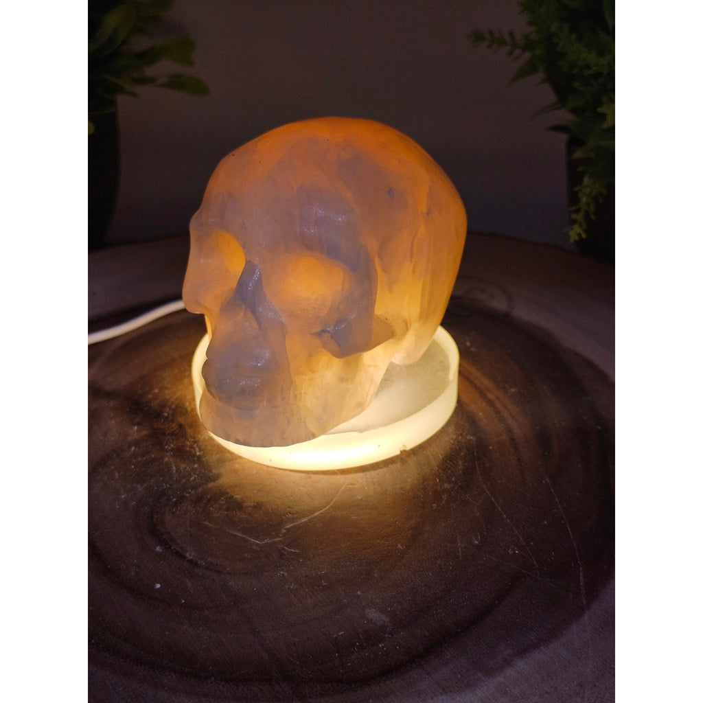 Orange Calcite Skull with LED Light Base — ~1 lb