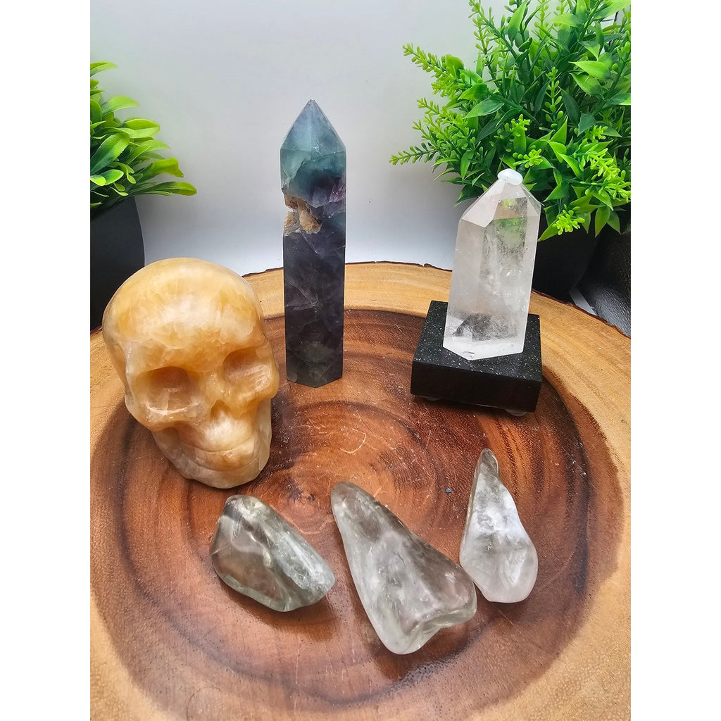 Crystal Collector Set — Orange Calcite Skull, Rainbow Fluorite Tower, Quartz Point on Base + 3 Tumbles