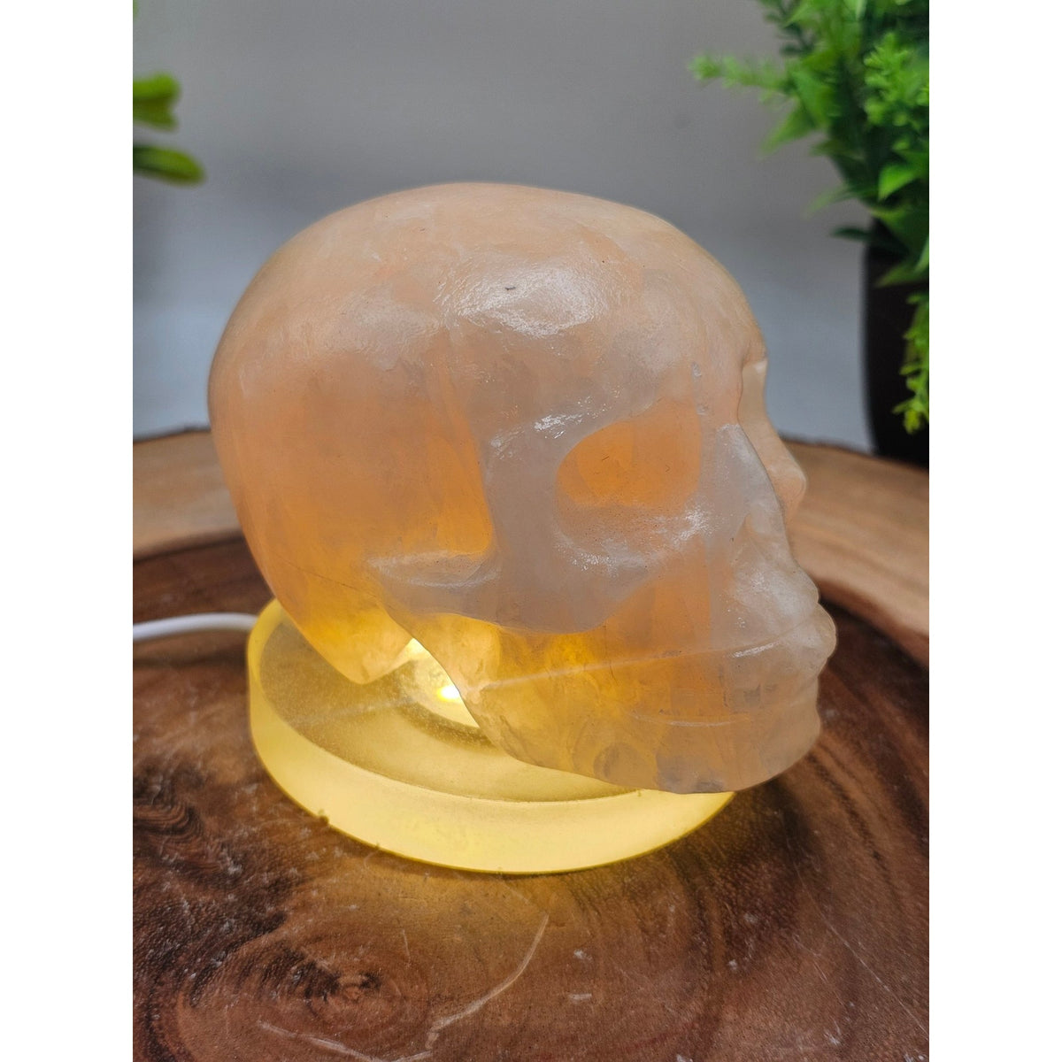 Orange Calcite Skull with LED Light Base — ~1 lb