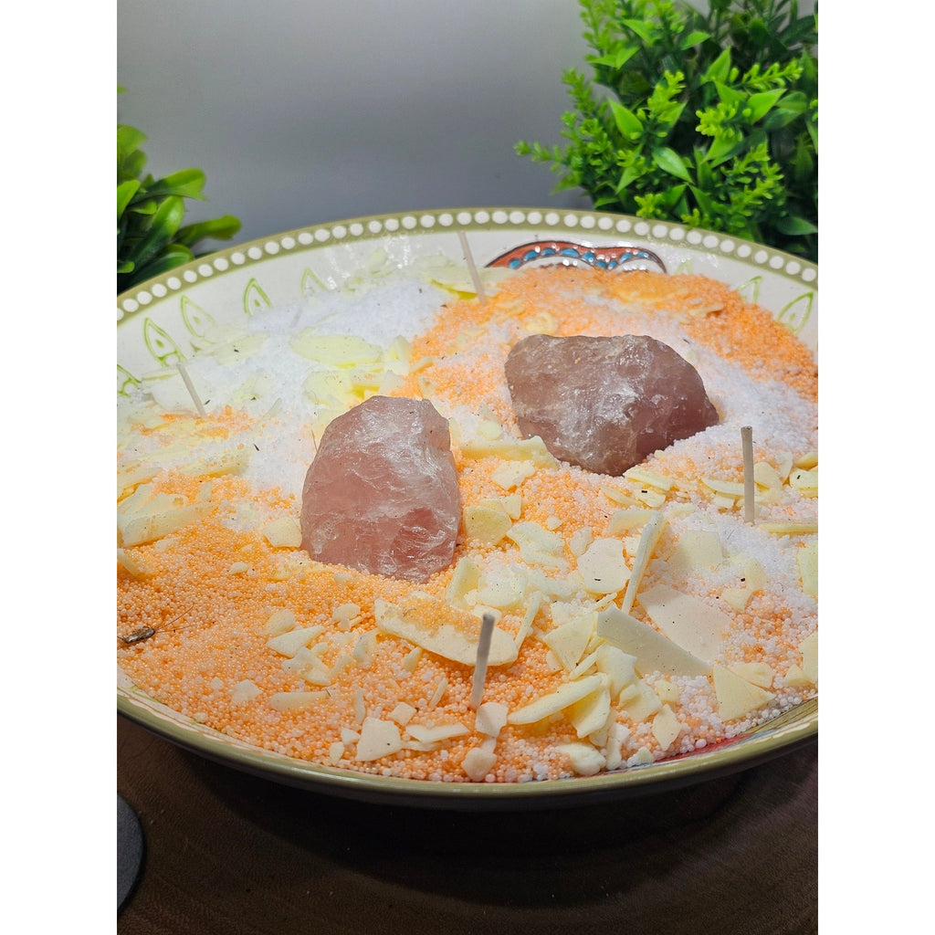 Super Large Handmade Candle — Decorative Ceramic Bowl, Rose Quartz Center Stones, 2lb Pearl Wax, 20 Wicks