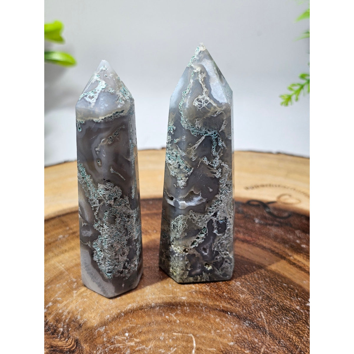 Pair of Moss Agate Towers — Blue Gray with Green & White Inclusions