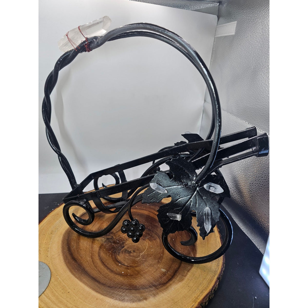 Handmade Cast Iron Wire Wine Rack — Vintage Grapevine with Quartz Crystals