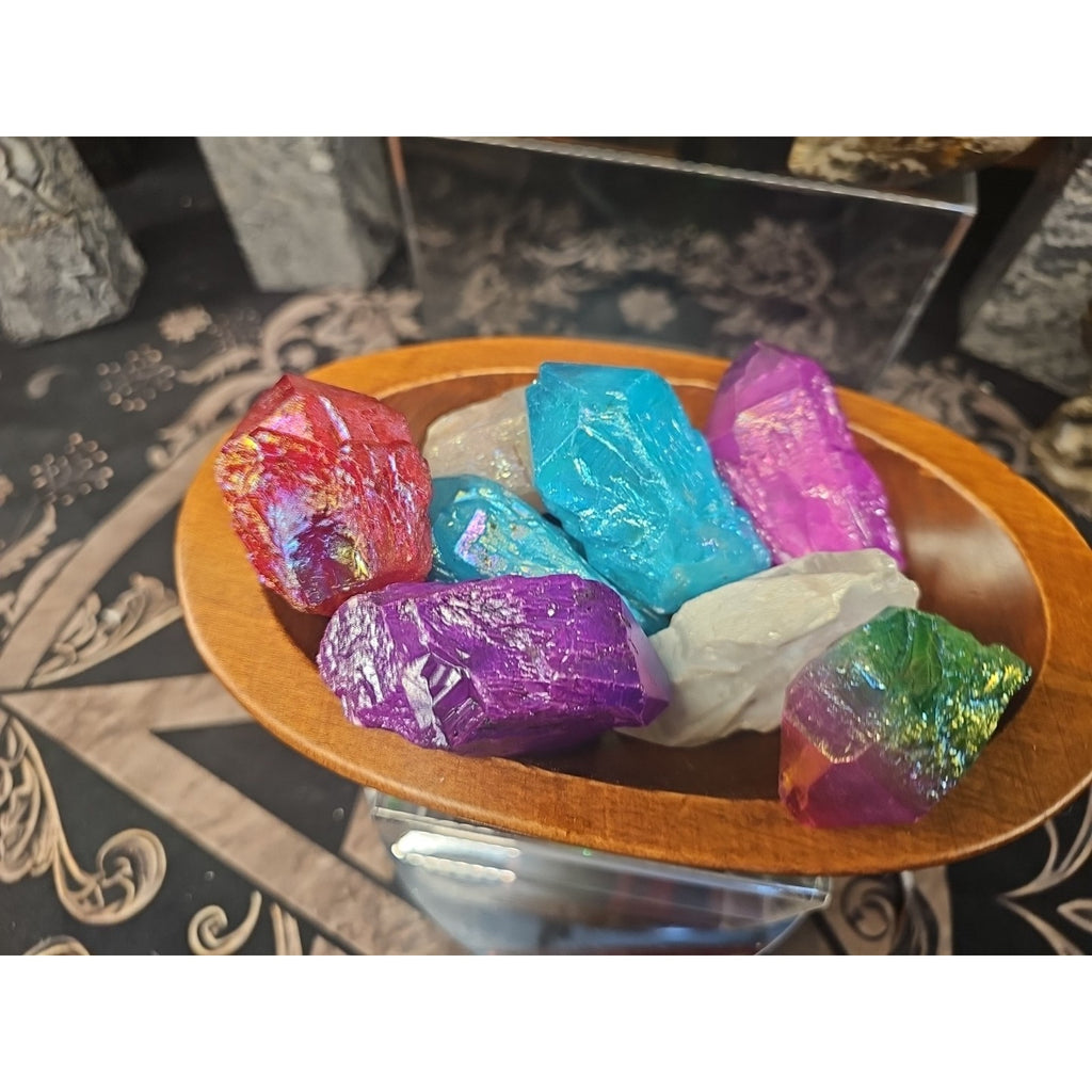 1.29lbsAura Aqua Rainbow Quartz W/wooden Bowl by CrystalCloud Company