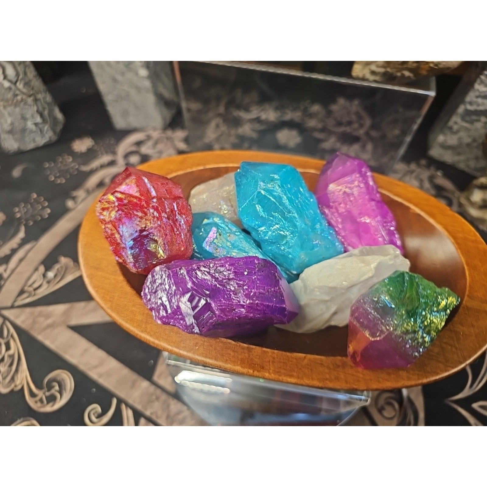 1.29lbsAura Aqua Rainbow Quartz W/wooden Bowl by CrystalCloud Company