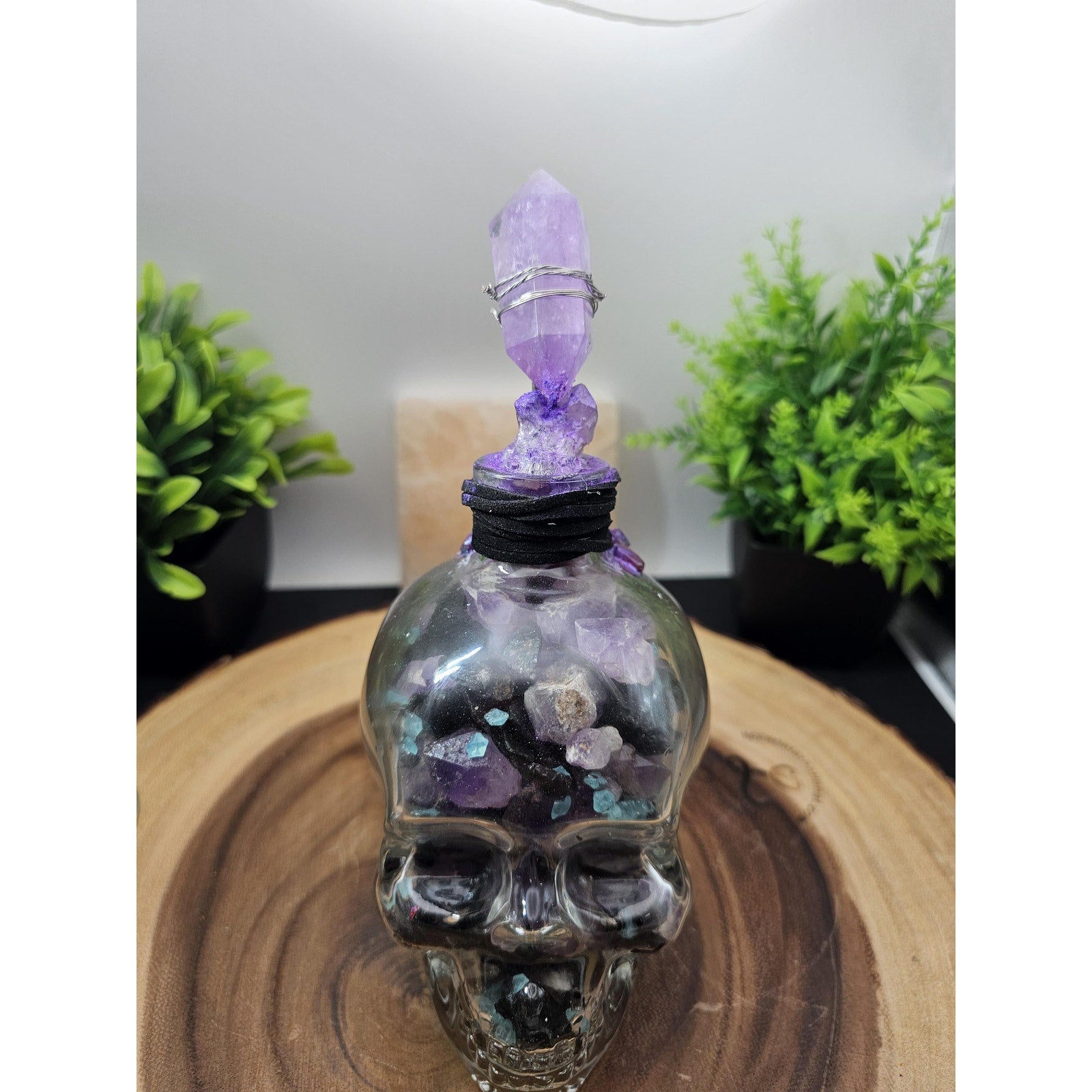 Glass Skull with Amethyst, Obsidian & UV Stones by CrystalCloud Company