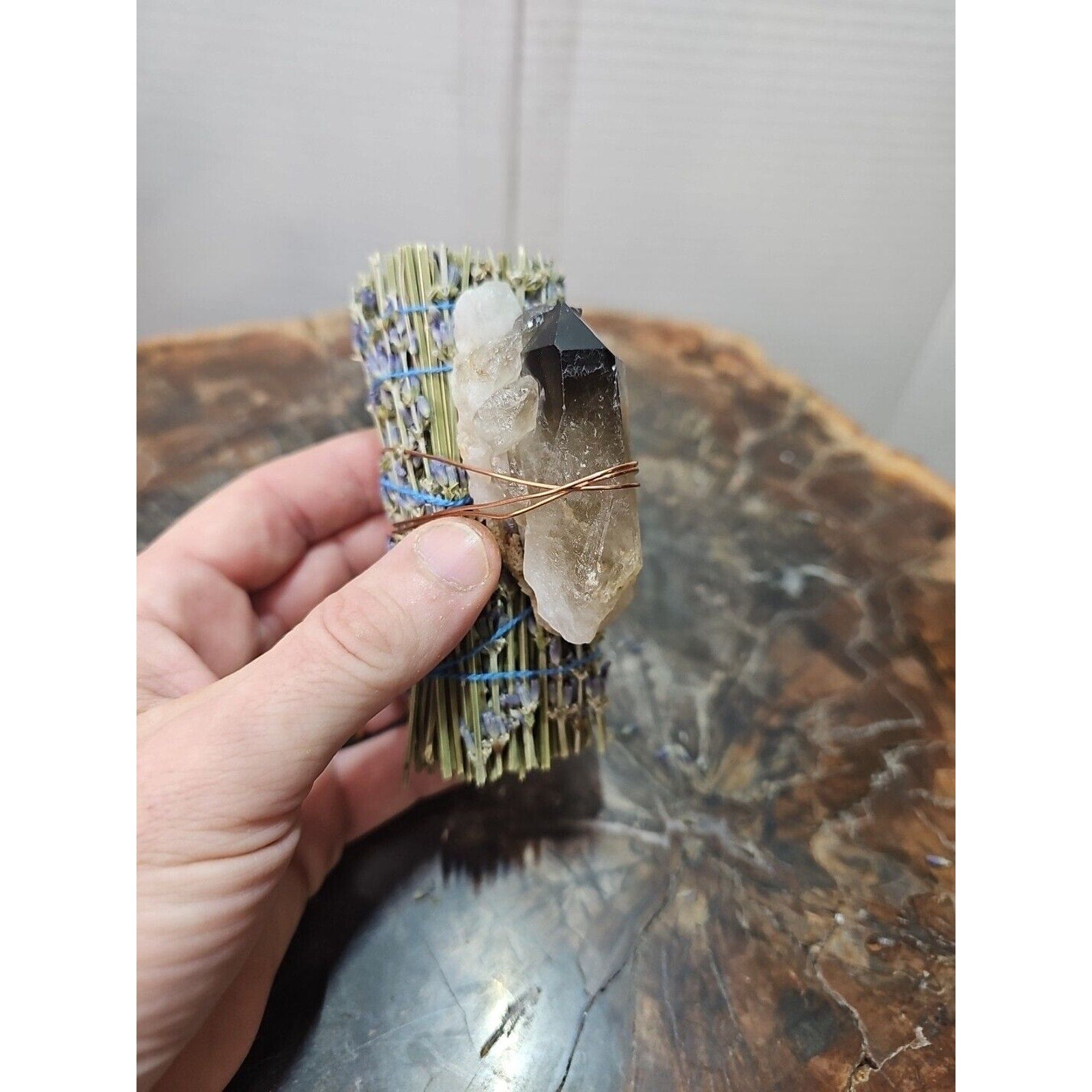 Lavender wrapped crystal W/ Huge Smoky quartz Healing by CrystalCloud Company
