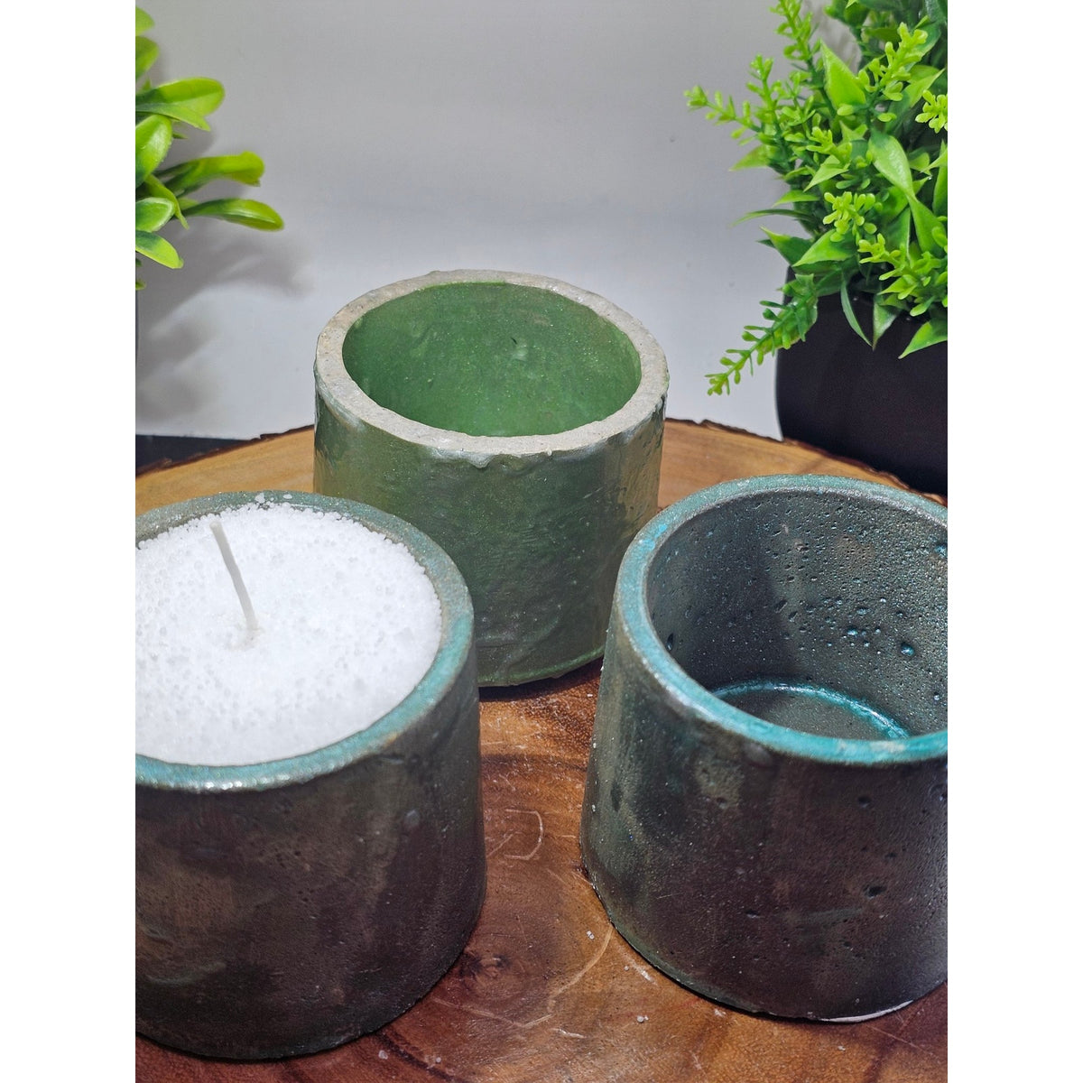 Set of 3 Handmade Concrete Candle Vessels — 2lb White Pearl Wax, 15 Wicks, Unscented
