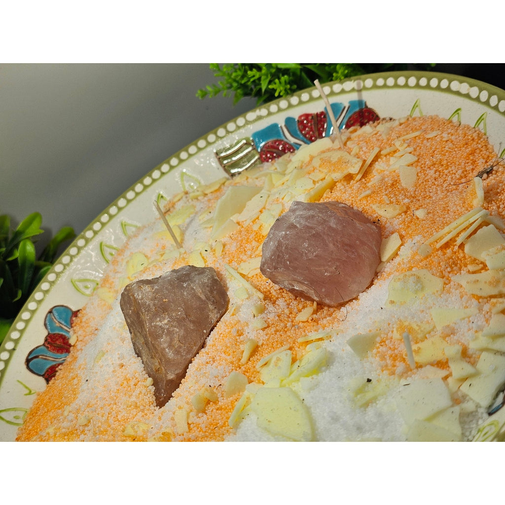 Super Large Handmade Candle — Decorative Ceramic Bowl, Rose Quartz Center Stones, 2lb Pearl Wax, 20 Wicks