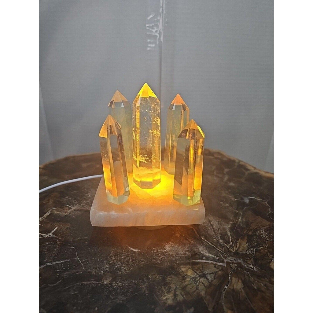Yellow Smelt Quartz Crystal Points with Selenite Charging Base & LED Display — 5-Piece Set | CrystalCloud Company by CrystalCloud Company