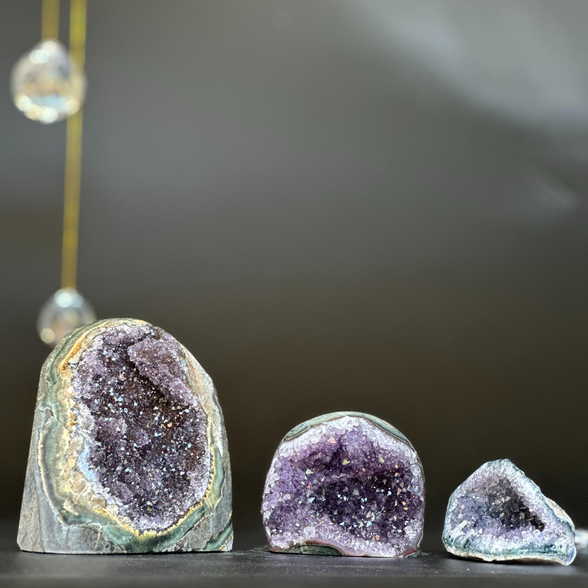 3 pieces lot Amethyst Crystals, Small Amethysts SET, polished crystals with agate layers at edges