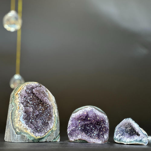 3 pieces lot Amethyst Crystals, Small Amethysts SET, polished crystals with agate layers at edges