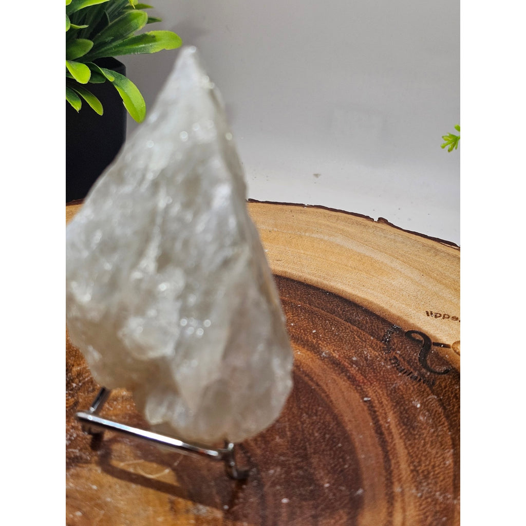 Large Natural Clear Crystal Point on Metal Display Stand