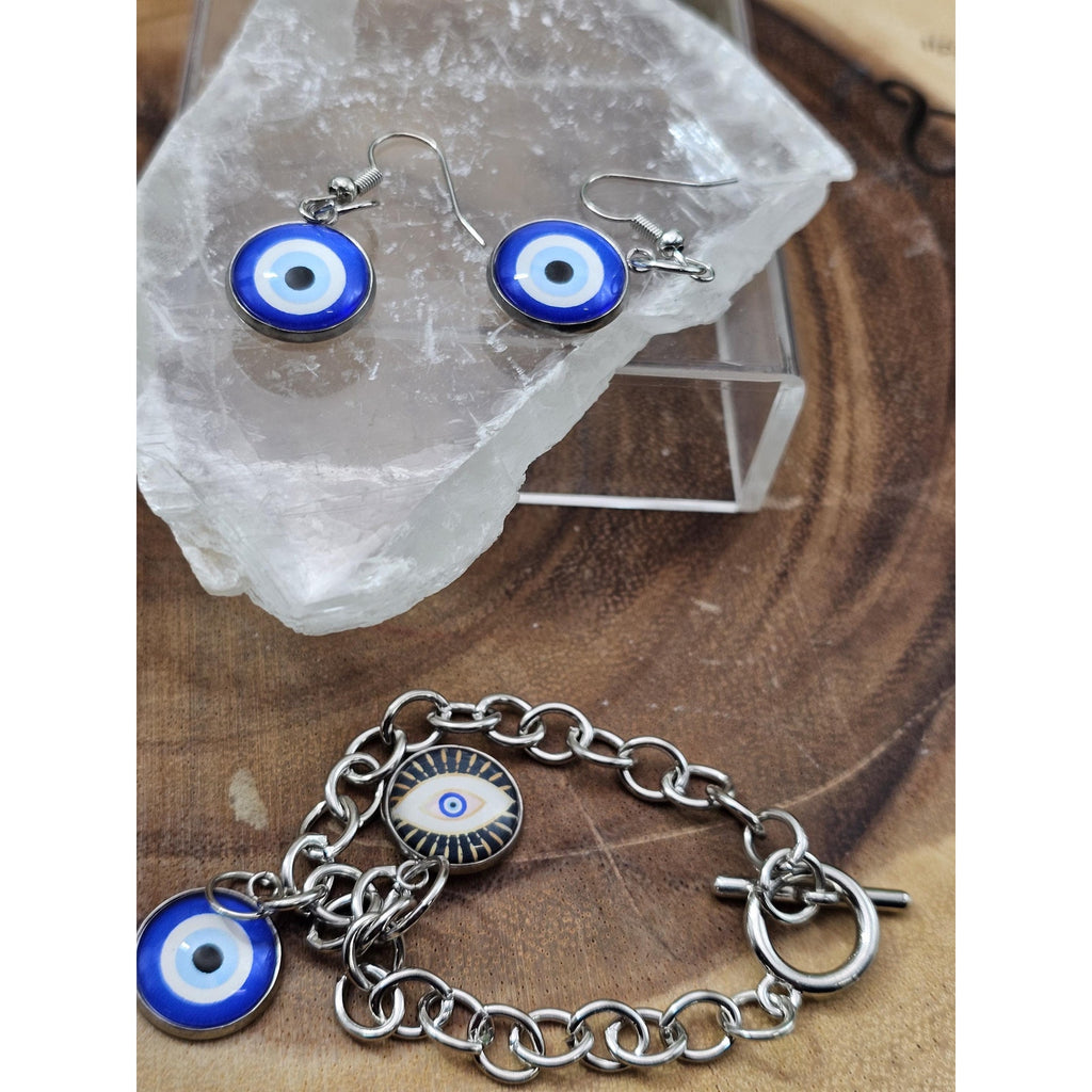 Evil eye bracelet and earrings by CrystalCloud Company