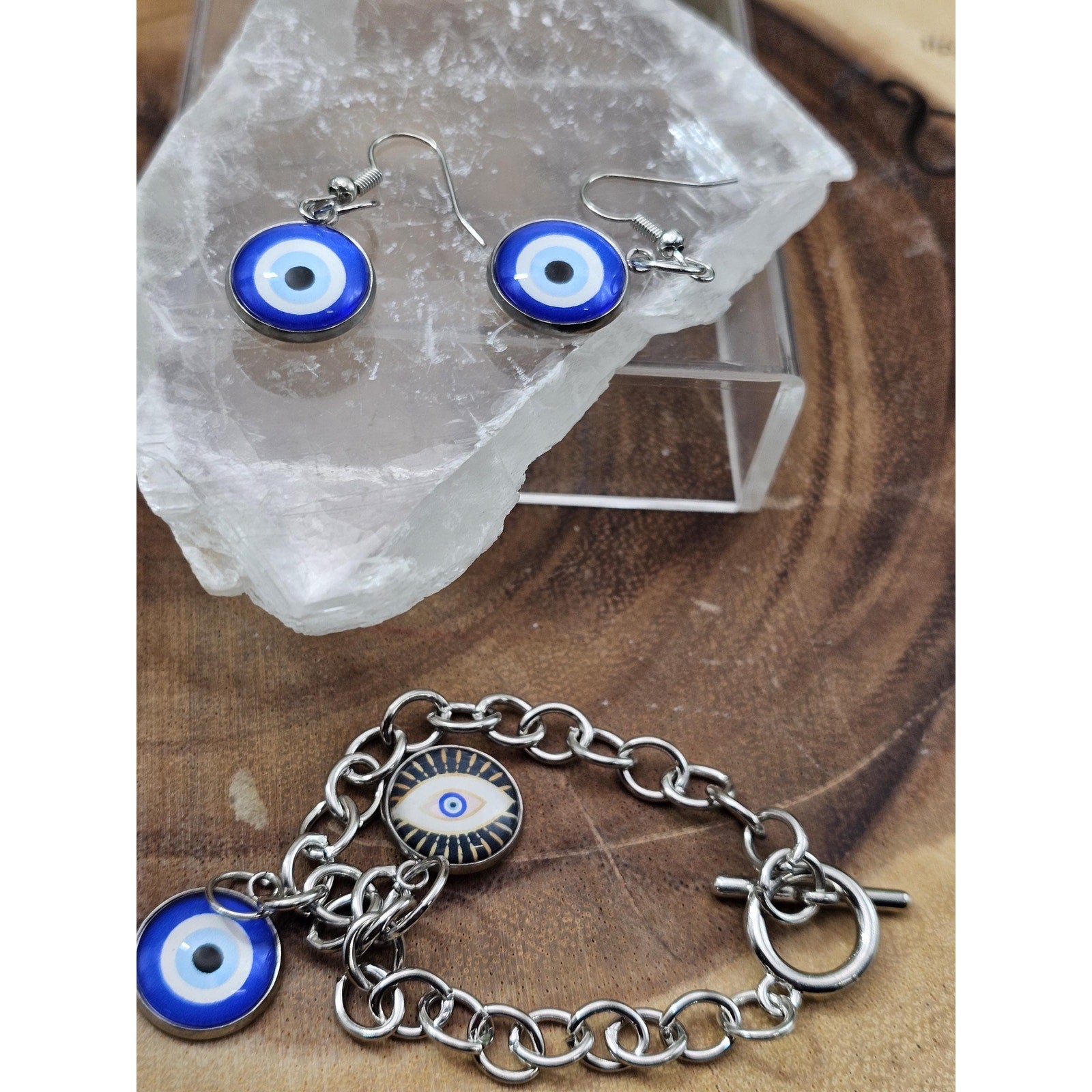 Evil eye bracelet and earrings by CrystalCloud Company