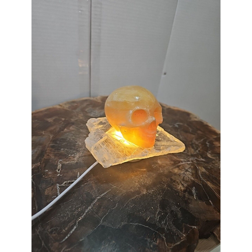 1.62LB Natural Yellow Translucent Calcite Crystal Skull W/Selenite Base & Led by CrystalCloud Company