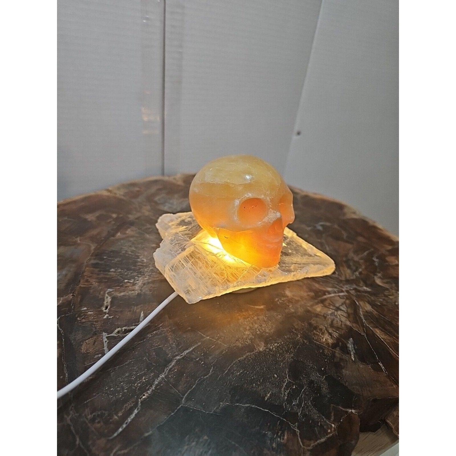 1.62LB Natural Yellow Translucent Calcite Crystal Skull W/Selenite Base & Led by CrystalCloud Company