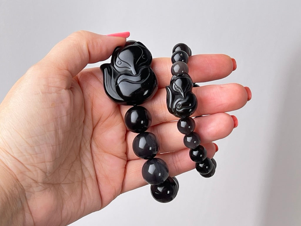 Lucky Fox Obsidian Bracelet, 16mm XL or 12 mm, for Luck and Boundaries, Stretchy, with Fox Carving and Sheen