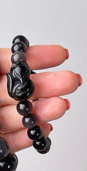 Lucky Fox Obsidian Bracelet, 16mm XL or 12 mm, for Luck and Boundaries, Stretchy, with Fox Carving and Sheen