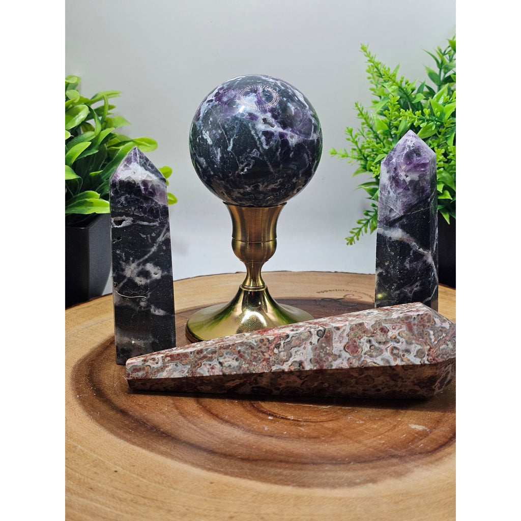 Fluorite Sphere and Towers with Leopard Jasper Scepter Crystal Set 2lbs