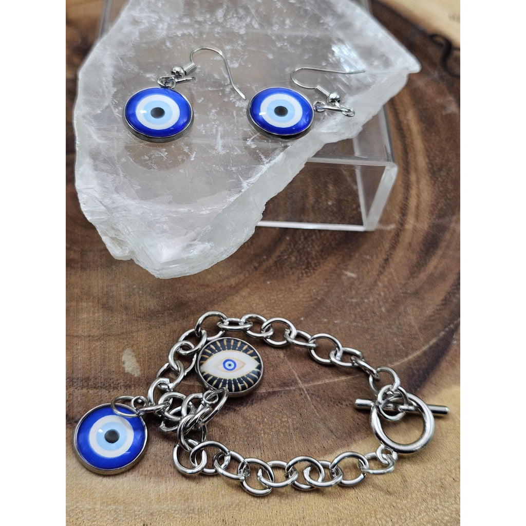 Evil eye bracelet and earrings by CrystalCloud Company