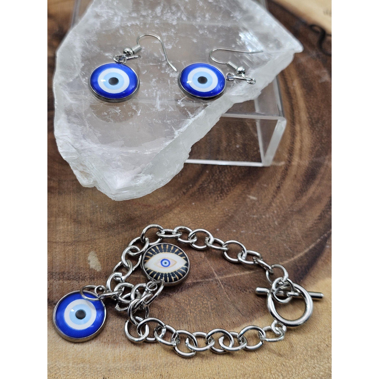 Evil eye bracelet and earrings by CrystalCloud Company
