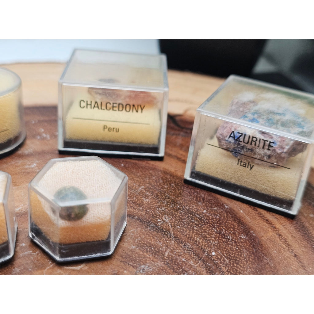 Mineral Specimen Collection in Labeled Collector Jars — 8 Pieces