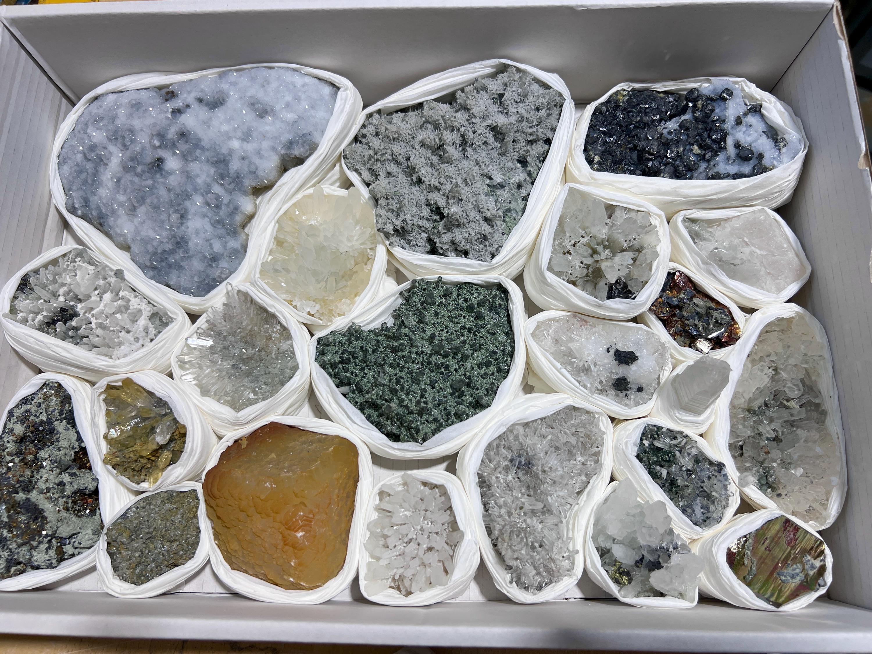 Bolivian Minerals Crystal Mixed Collection (Large 15x10 Inch Flat) Pyrite Sphalerite Galena Quartz Pink Mangano Calcite by Amazing Crystals