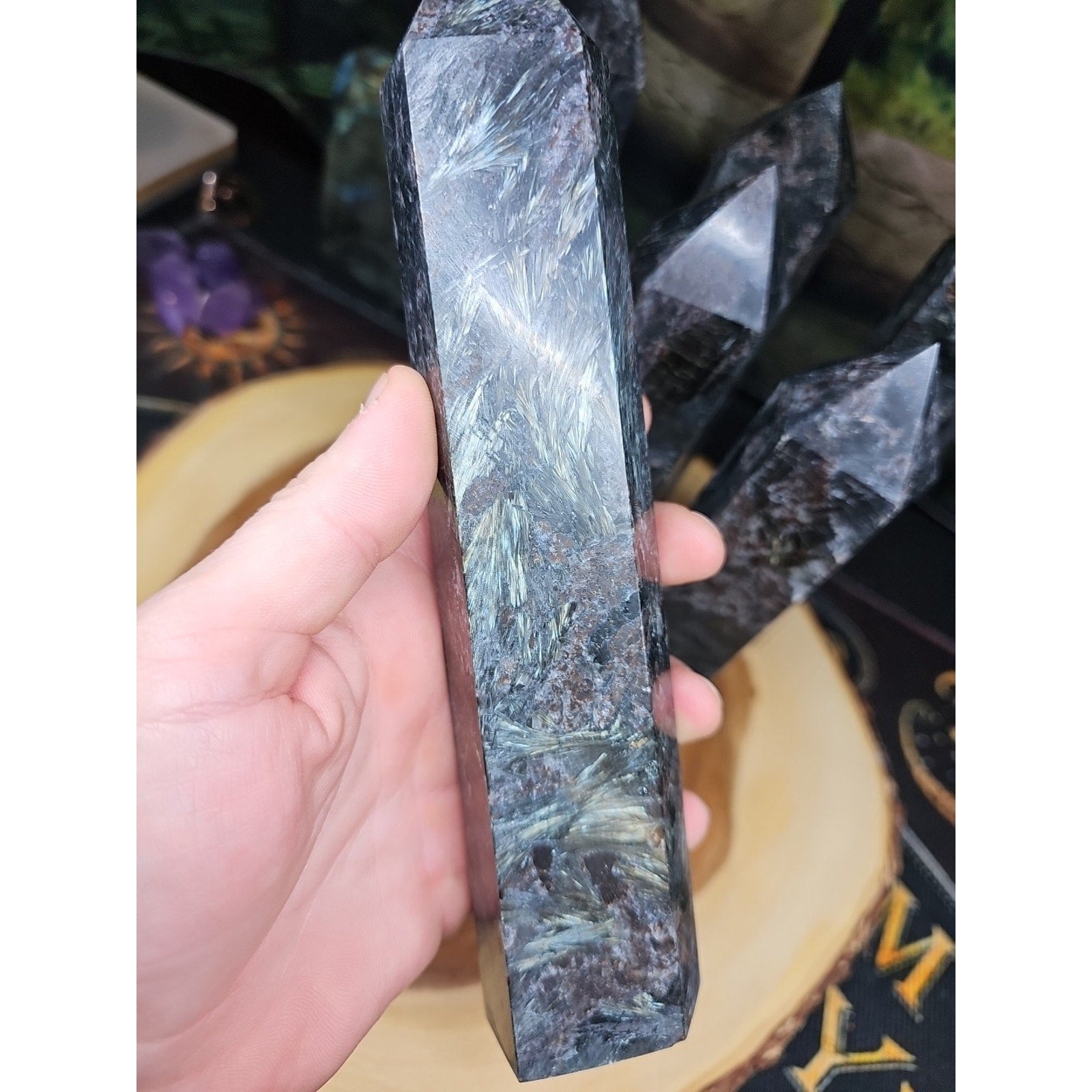 Arfvedsonite Garnet Crystal Tower with Blue Flash — 1.5–1.9 lbs, Polished | CrystalCloud Company by CrystalCloud Company
