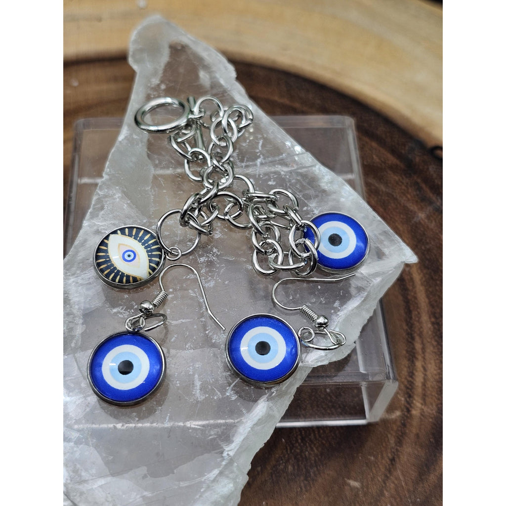 Evil eye bracelet and earrings by CrystalCloud Company